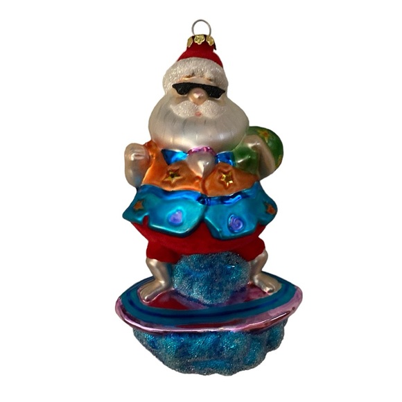 Surfing Santa Glass Christmas Ornament Wearing Sunglasses & Red Shorts - Picture 1 of 10